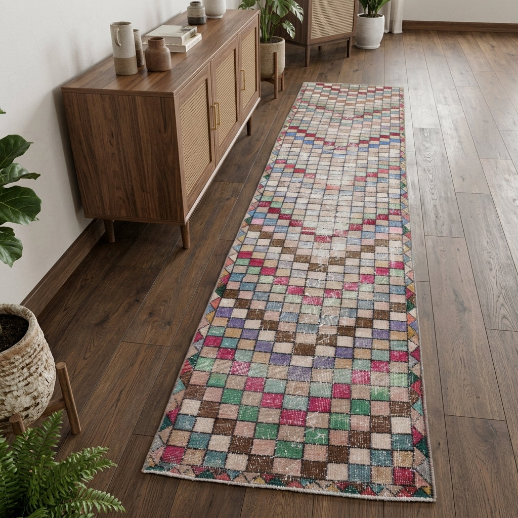 Checkered pattern on the Ianthepetra retro vintage runner rug – handmade in Anatolia, Turkey