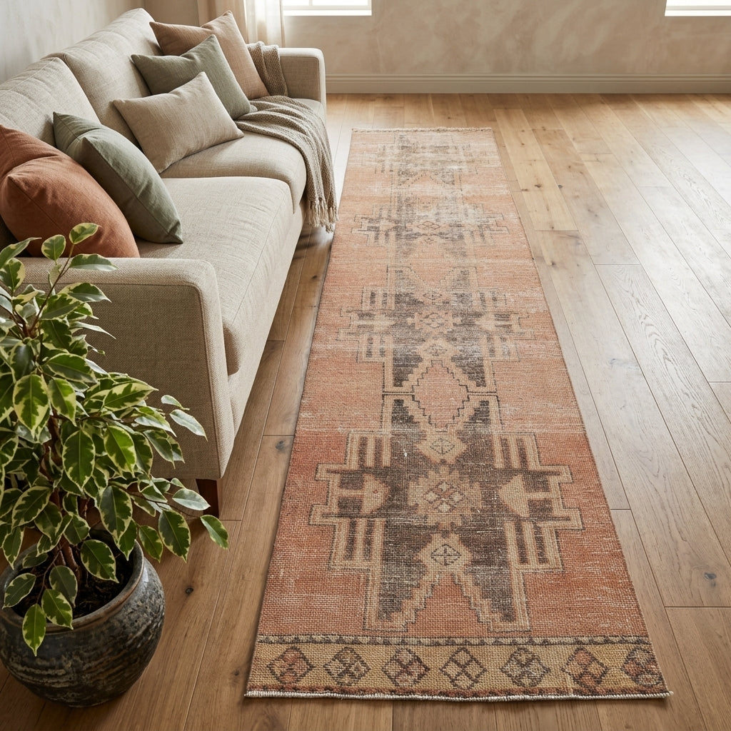 Geometric pattern on the Kadifehayat vintage runner rug – handmade in Anatolia, Turkey