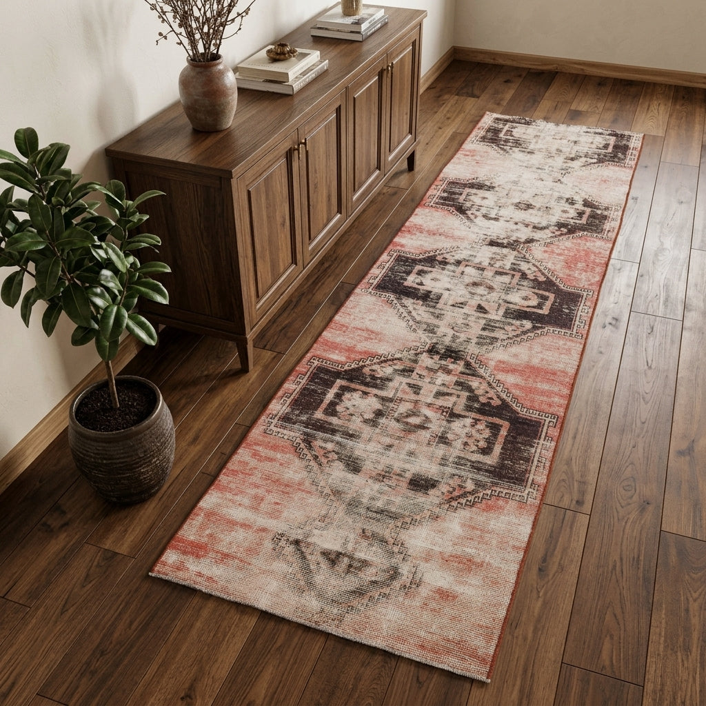 Oriental pattern on the Ianthemelpe distressed vintage runner rug – handmade in Anatolia, Turkey