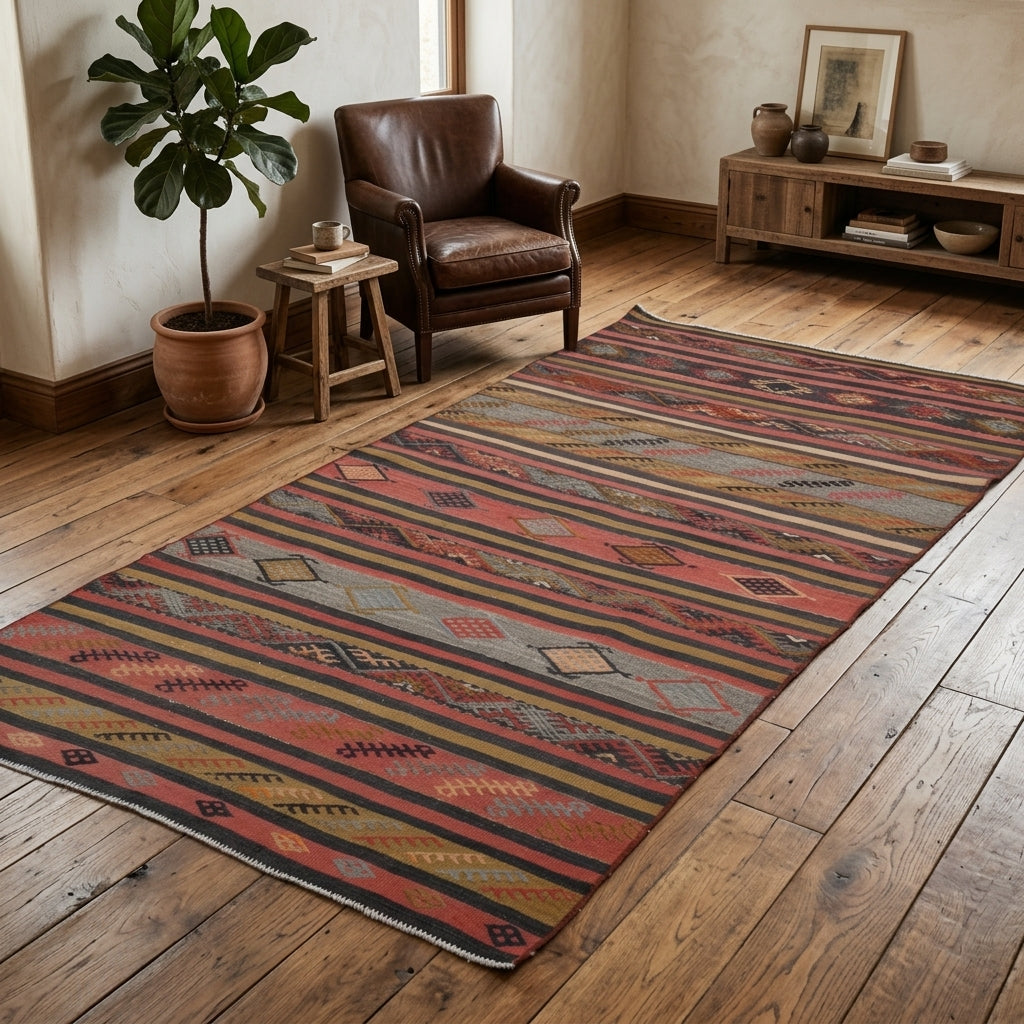 Ikat pattern on the Mehcihan vintage kilim rug – handwoven flatweave in Anatolia, Turkey