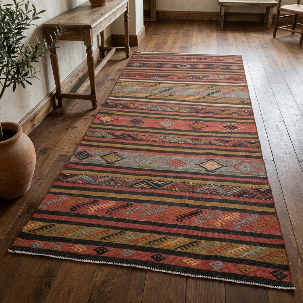 Ikat pattern on the Mehcihan vintage kilim rug – handwoven flatweave in Anatolia, Turkey
