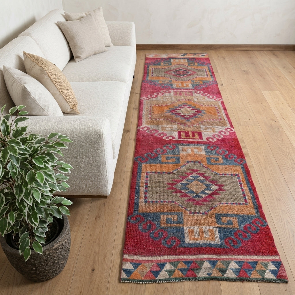 Tribal pattern on the Leucopnoe vintage runner rug – handmade in Anatolia, Turkey