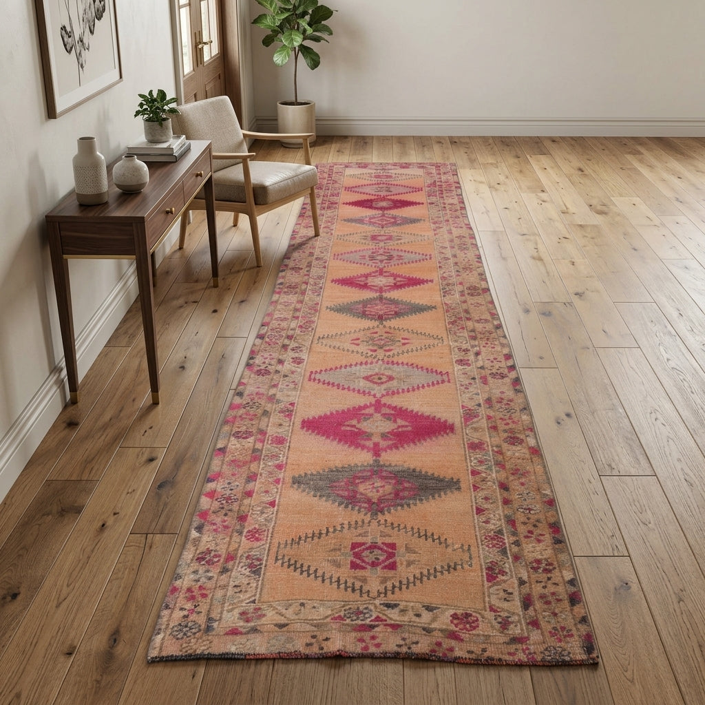 Tribal pattern on the Kydokrateia vintage runner rug – handmade in Anatolia, Turkey