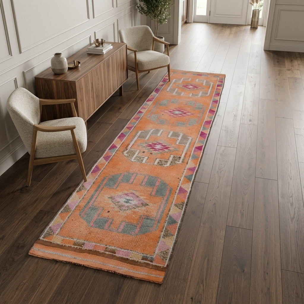 Tribal pattern on the Klaros vintage runner rug – handmade in Anatolia, Turkey