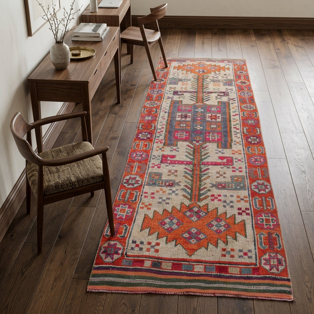 Ikat pattern on the Kehribarnihal vintage runner rug – handmade in Anatolia, Turkey