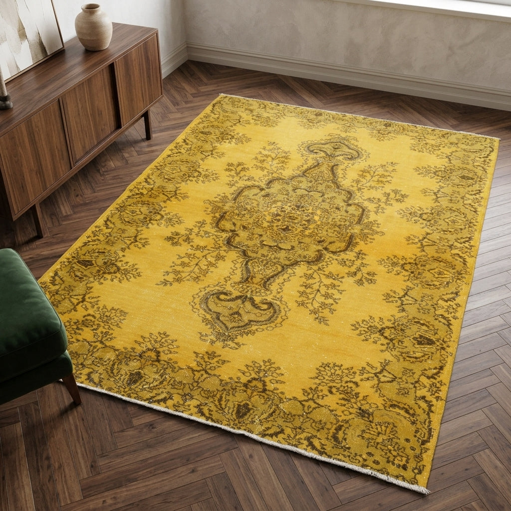 Oriental pattern on the Timosela overdyed vintage area rug – handmade in Anatolia, Turkey