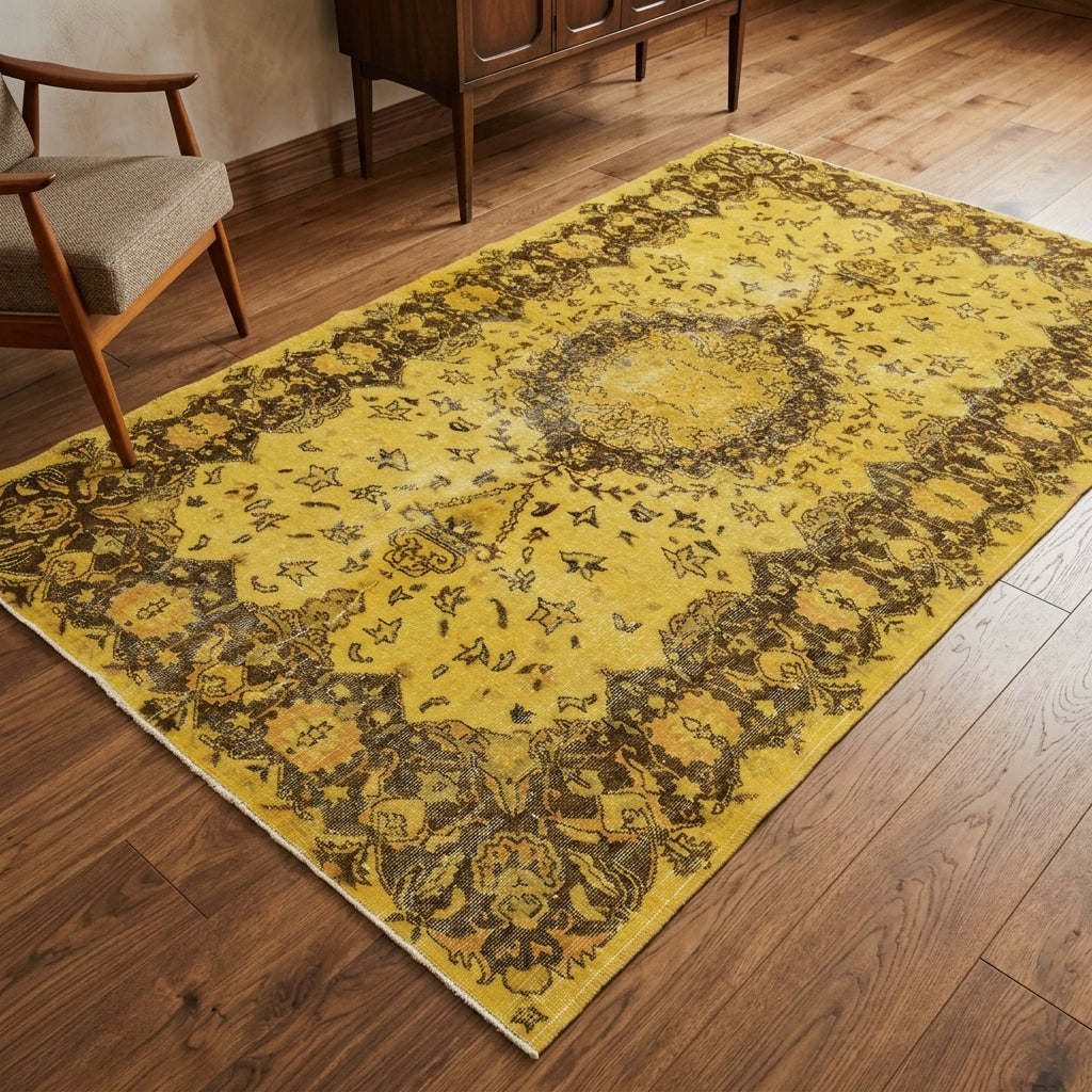 Oriental pattern on the Phainonike overdyed vintage area rug – handmade in Anatolia, Turkey