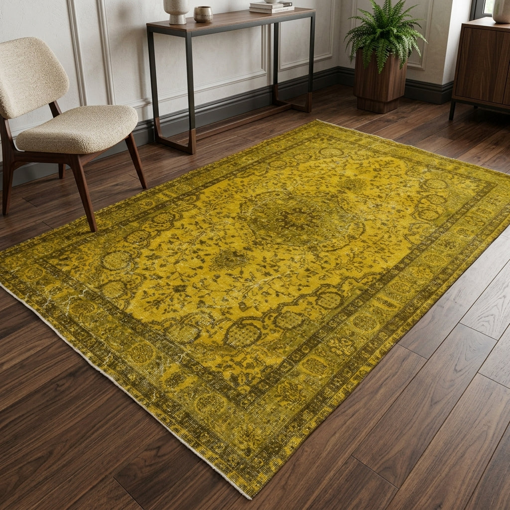 Oriental pattern on the Phaenozoe overdyed vintage area rug – handmade in Anatolia, Turkey