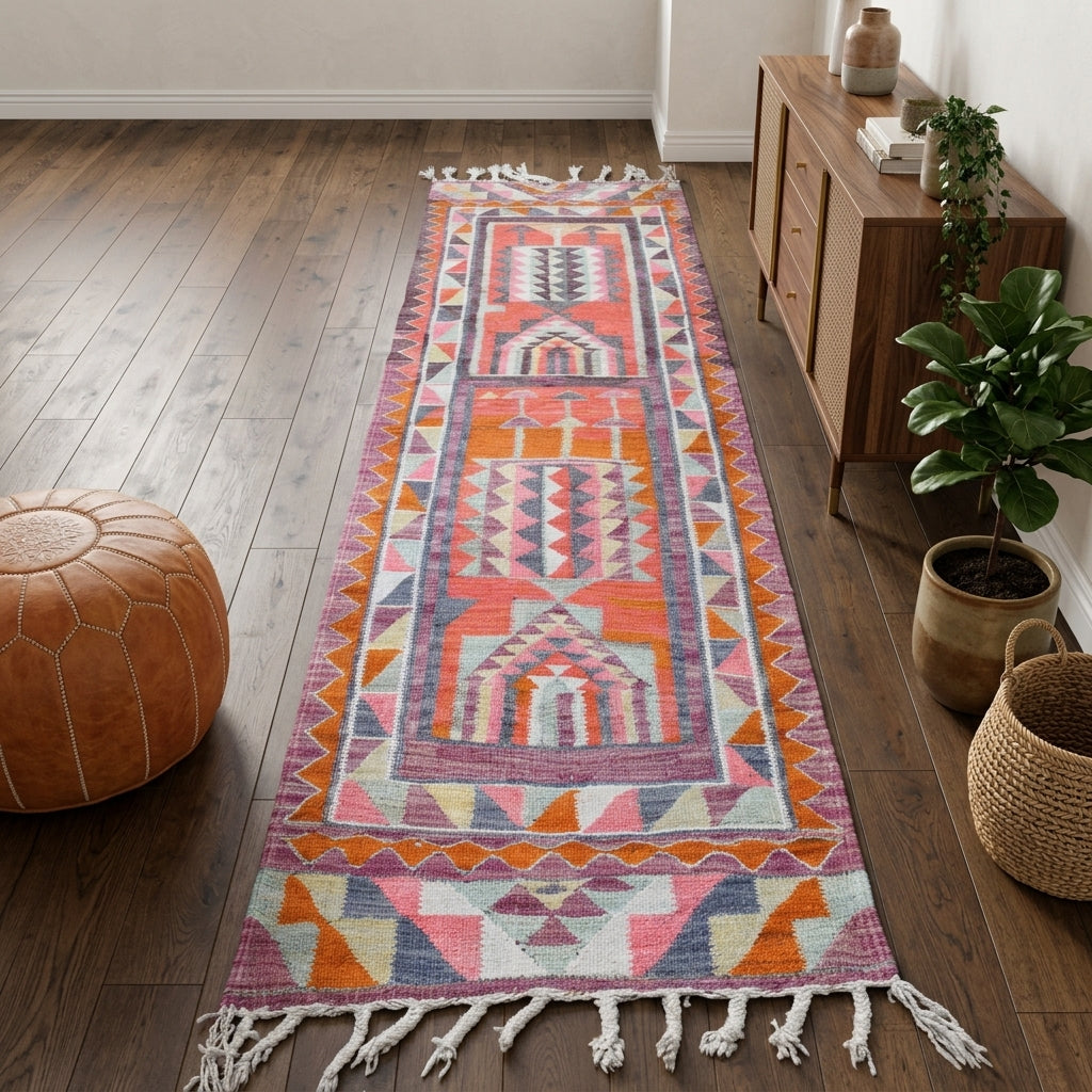Oriental pattern on the Nurten vintage kilim runner rug – handwoven flatweave in Anatolia, Turkey