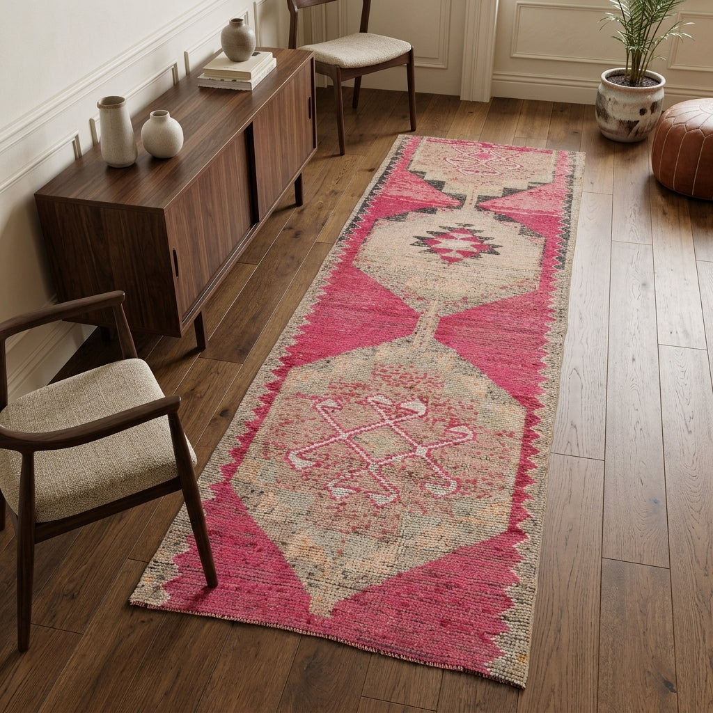 Oriental pattern on the Glykochoria 1970s vintage runner rug – handmade in Anatolia, Turkey