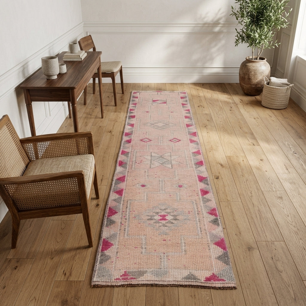 Geometric pattern on the Nesrinefruz vintage runner rug – handmade in Anatolia, Turkey