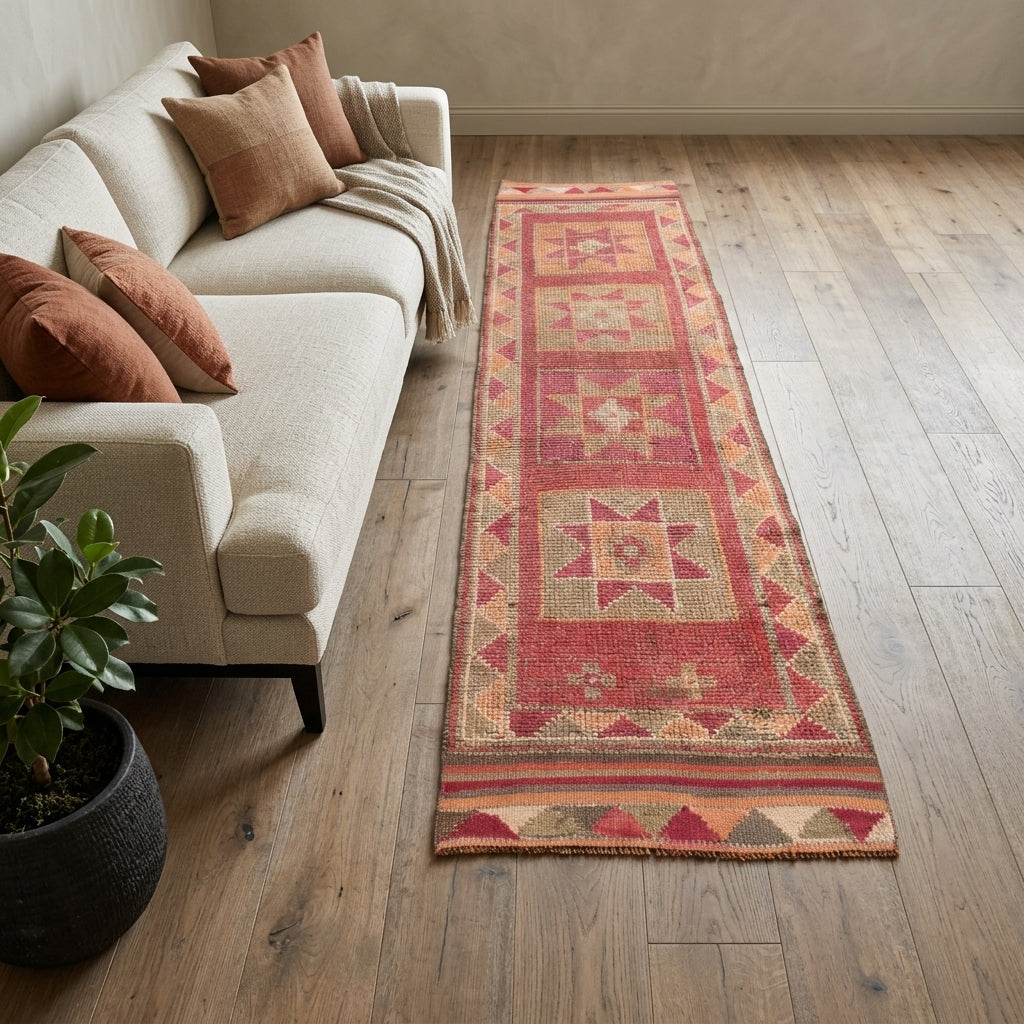 Tribal pattern on the Serefgun vintage runner rug – handmade in Anatolia, Turkey