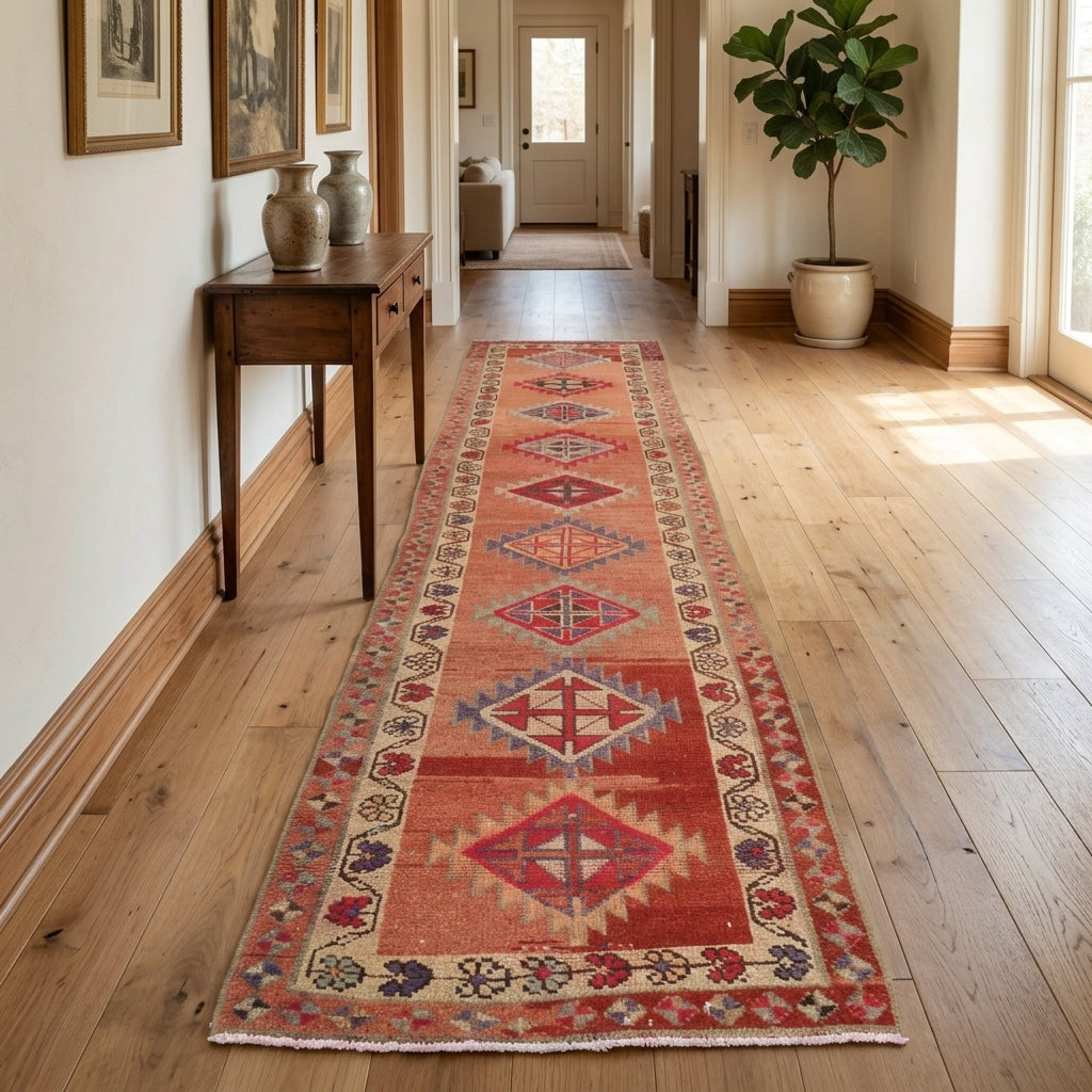 Tribal pattern on the Ebrunur vintage runner rug – handmade in Anatolia, Turkey