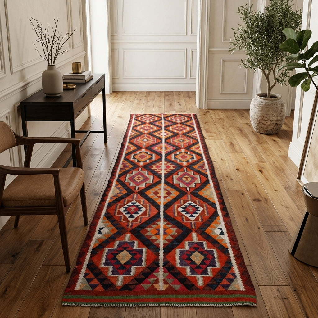Ikat pattern on the Elifbahce vintage kilim runner rug – handwoven flatweave in Anatolia, Turkey