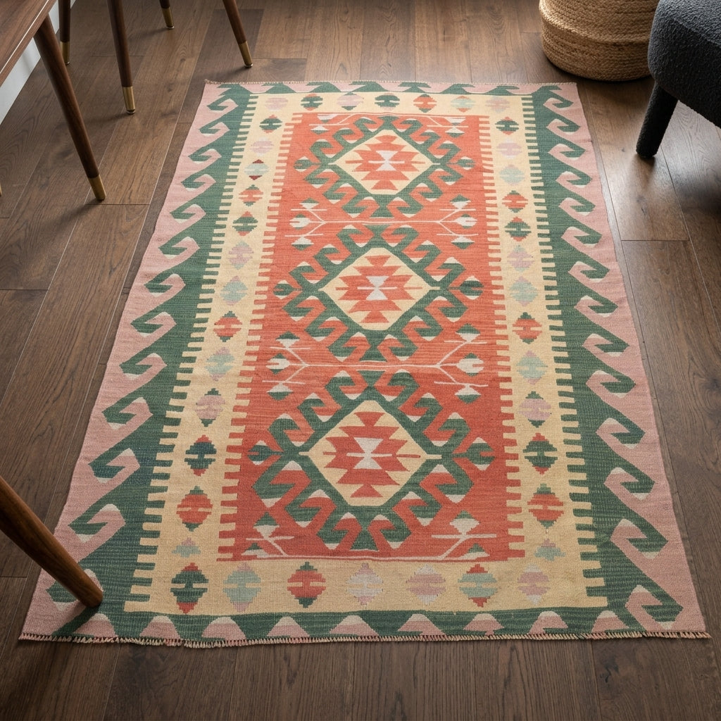 Ikat pattern on the Elifara vintage kilim rug – handwoven flatweave in Anatolia, Turkey