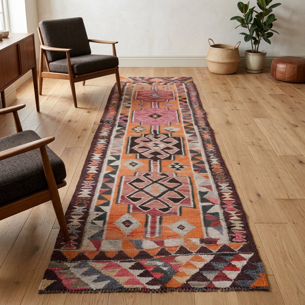 Oriental pattern on the Erythrai Aspendos vintage kilim runner rug – handwoven flatweave in Anatolia, Turkey