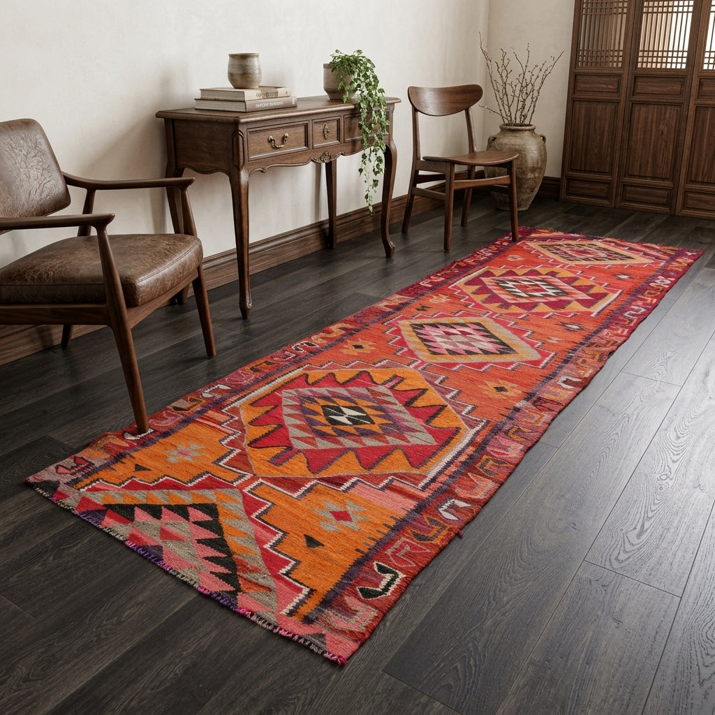 Oriental pattern on the Euzoe vintage runner rug – handmade in Anatolia, Turkey