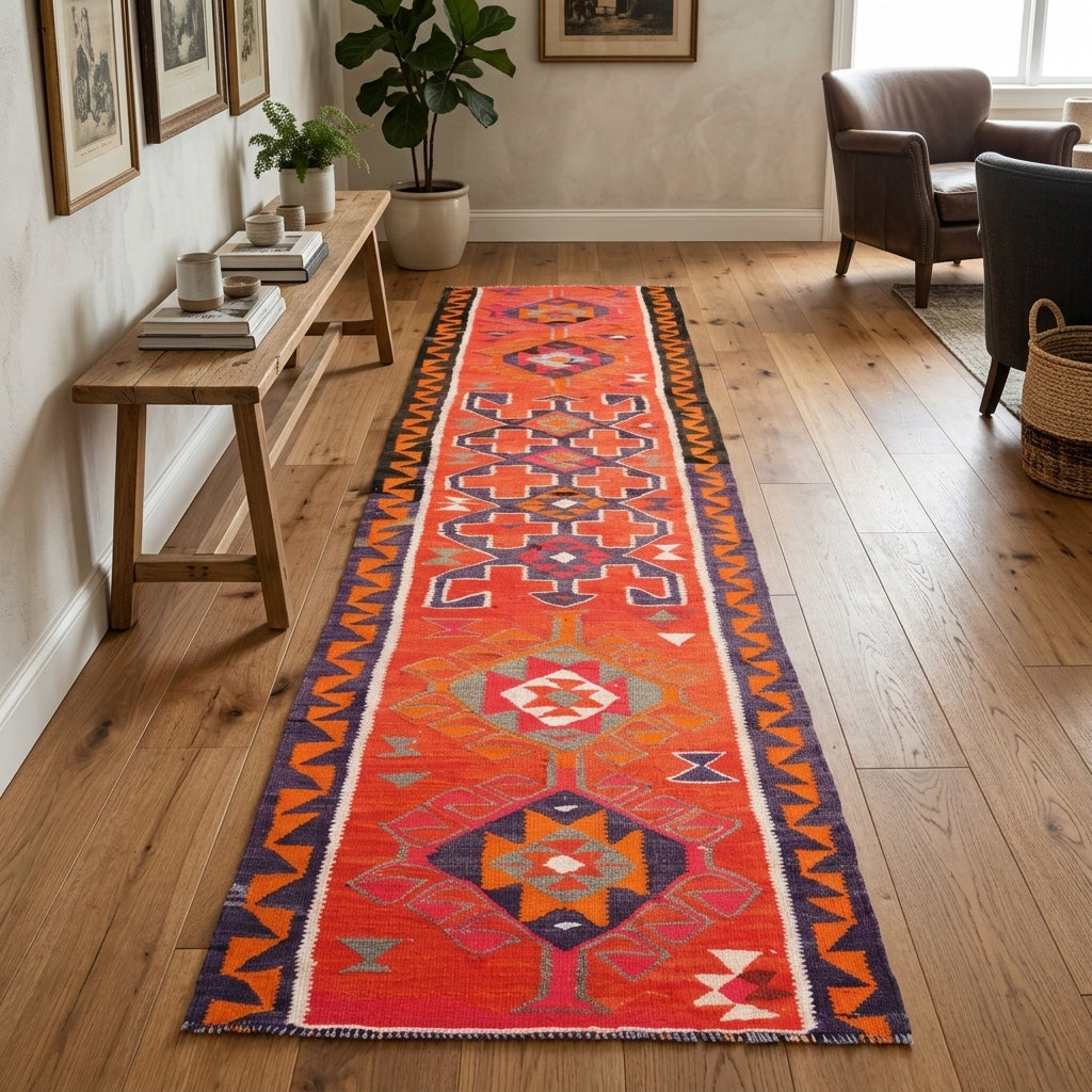 Ikat pattern on the Polysthene vintage kilim runner rug – handwoven flatweave in Anatolia, Turkey