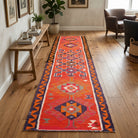 Ikat pattern on the Polysthene vintage kilim runner rug – handwoven flatweave in Anatolia, Turkey