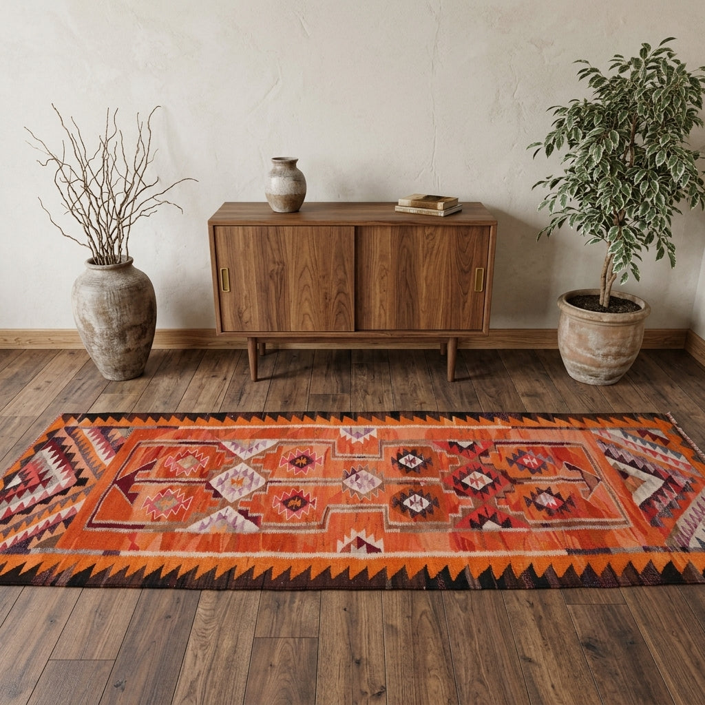Ikat pattern on the Karanfilperver vintage kilim runner rug – handwoven flatweave in Anatolia, Turkey