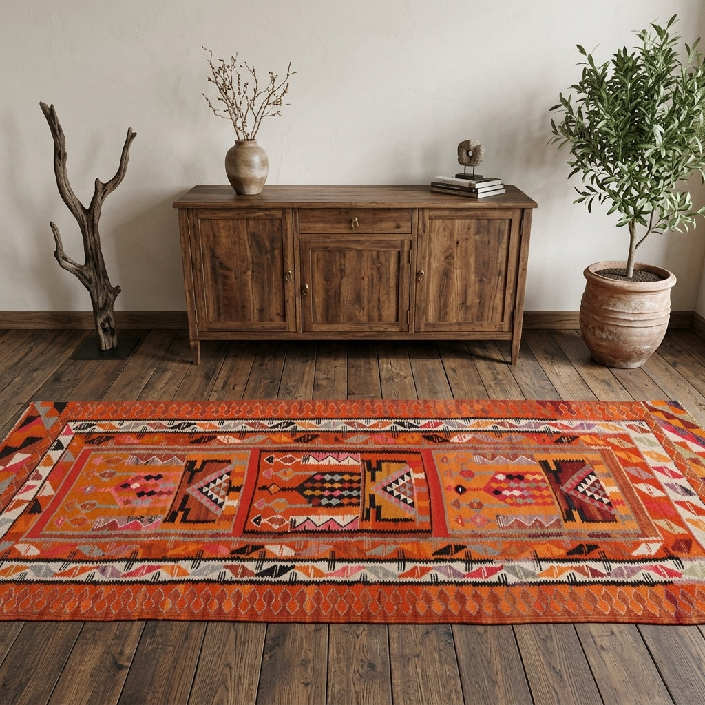 Ikat pattern on the Kevserhayat vintage kilim runner rug – handwoven flatweave in Anatolia, Turkey