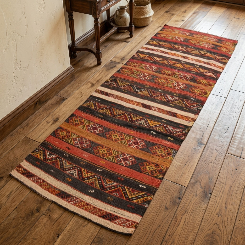 Ikat pattern on the Servsah vintage kilim rug – handwoven flatweave in Anatolia, Turkey