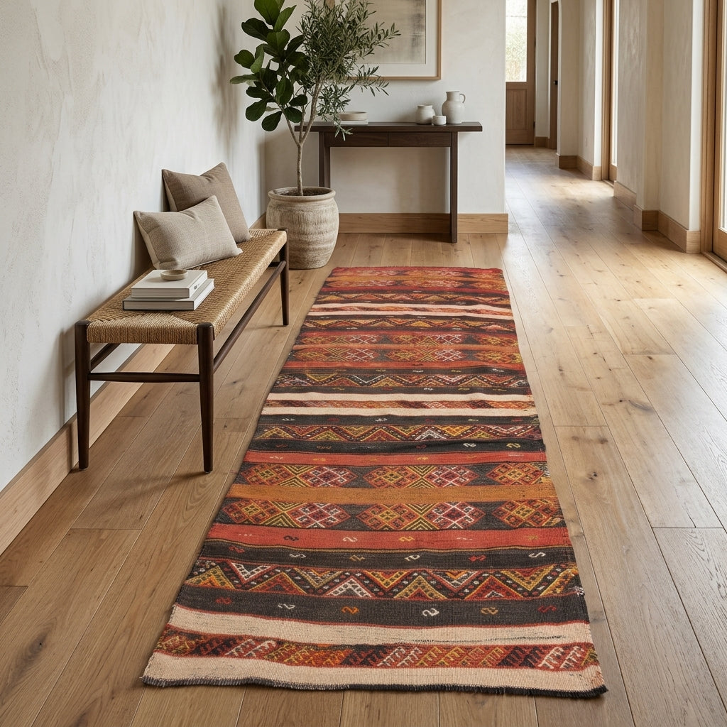 Ikat pattern on the Servsah vintage kilim rug – handwoven flatweave in Anatolia, Turkey