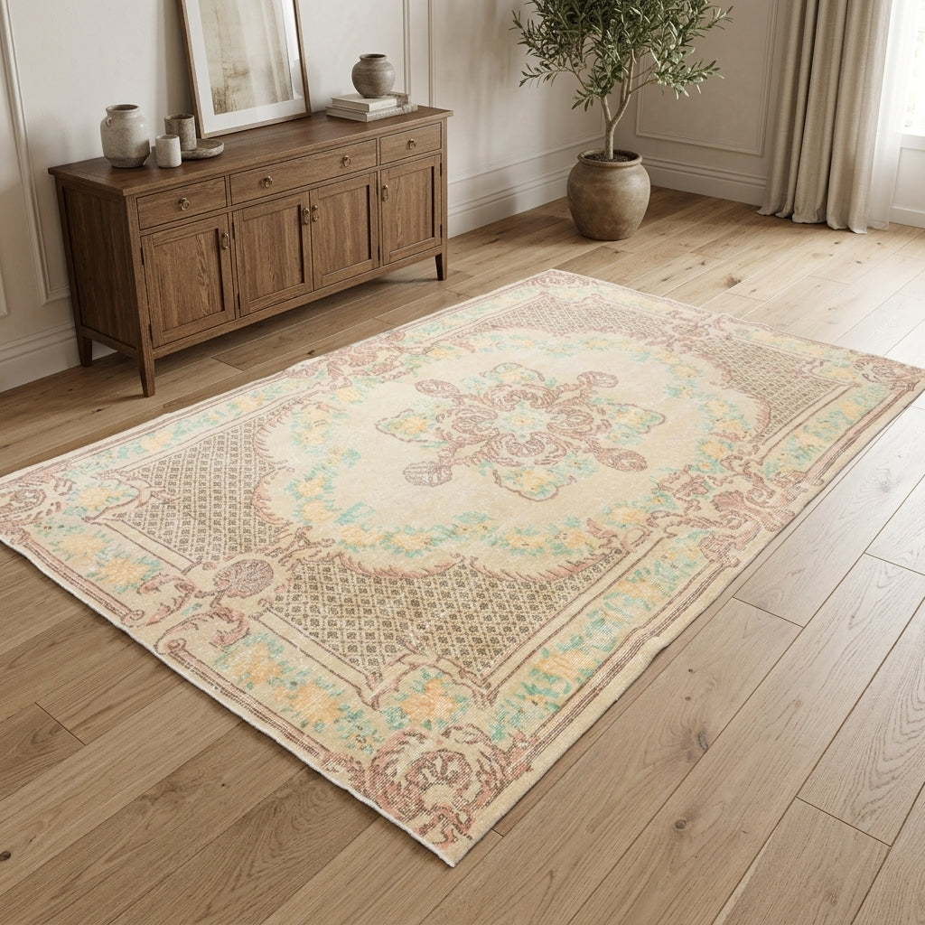 Oriental pattern on the Sabahbahar vintage area rug – handmade in Anatolia, Turkey