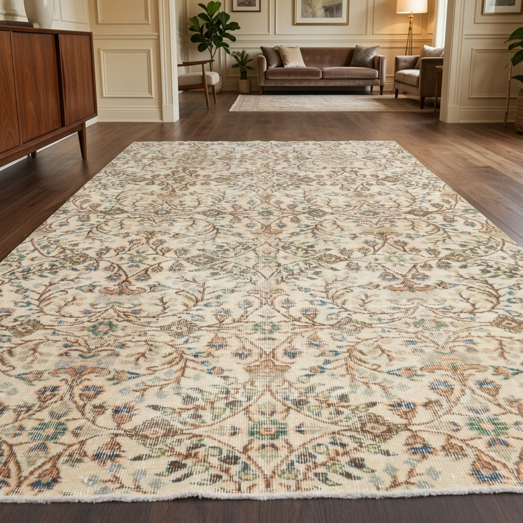Floral pattern on the Thalomira vintage area rug – handmade in Anatolia, Turkey