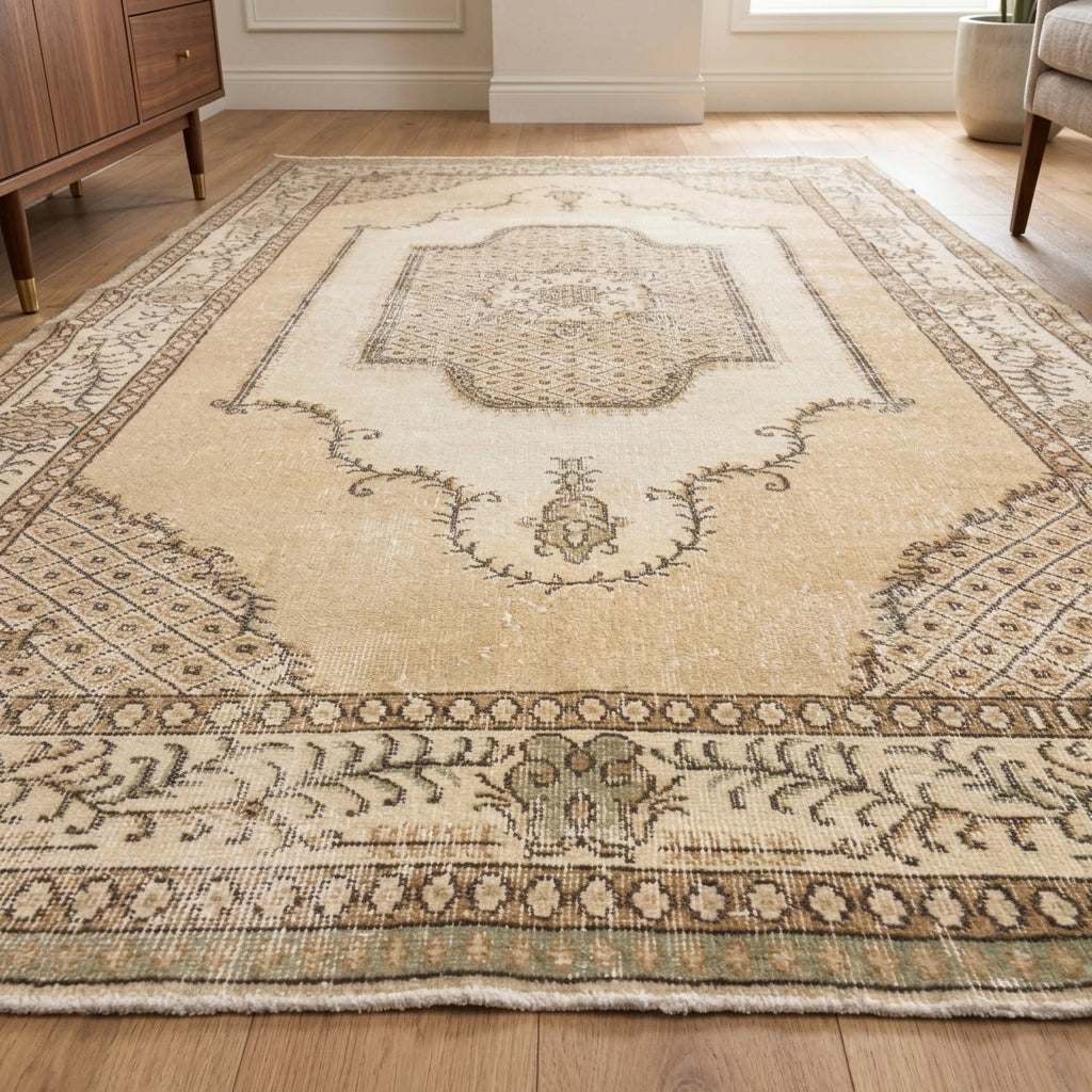 Ecenaz original Oushak area rug beside a wooden sideboard – 1970s beige medallion Turkish wool rug, 5'2" x 9'7"