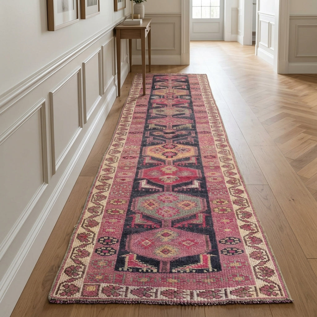 Tribal pattern on the Aglaomelpe vintage runner rug – handmade in Anatolia, Turkey