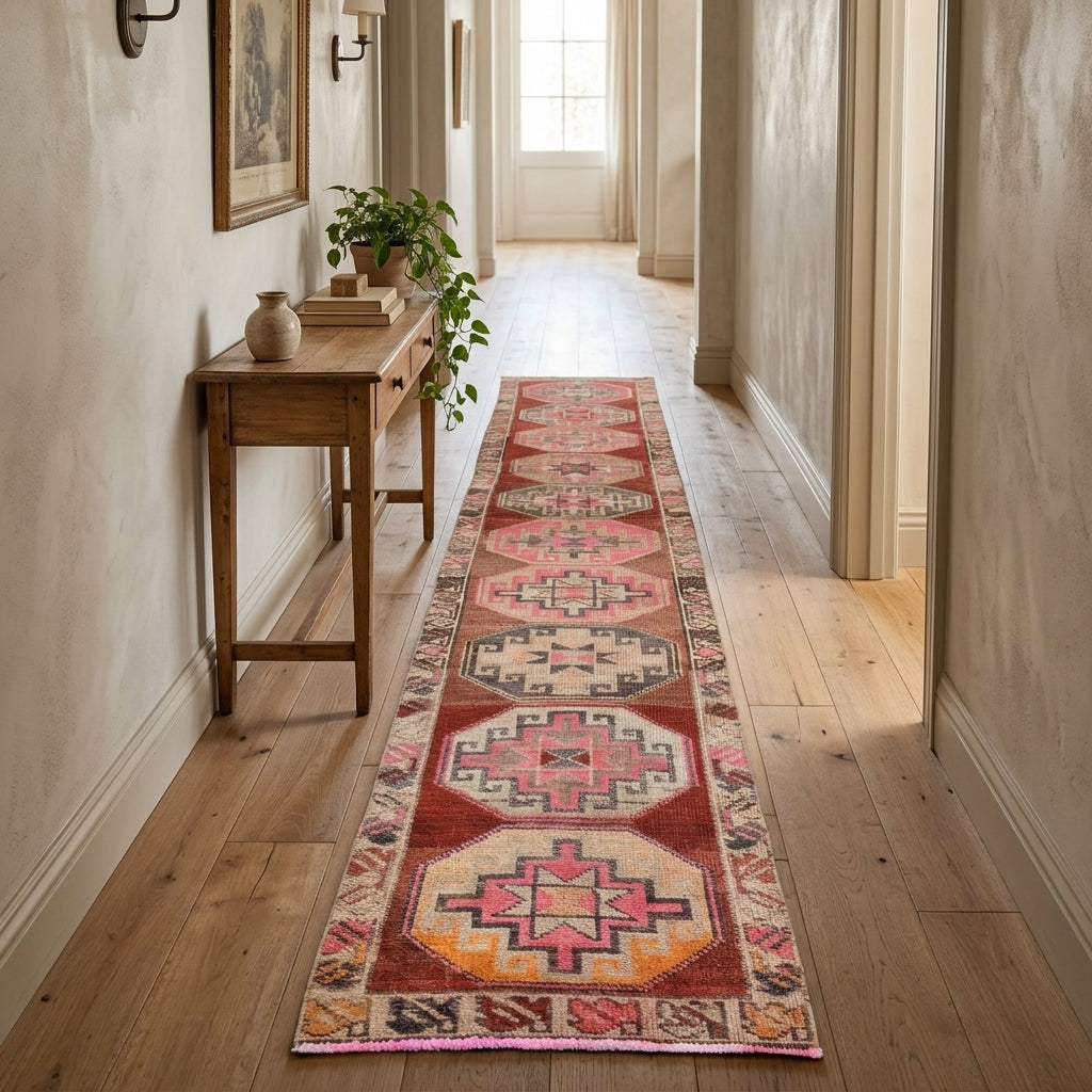 Tribal pattern on the Ahuisik vintage runner rug – handmade in Anatolia, Turkey