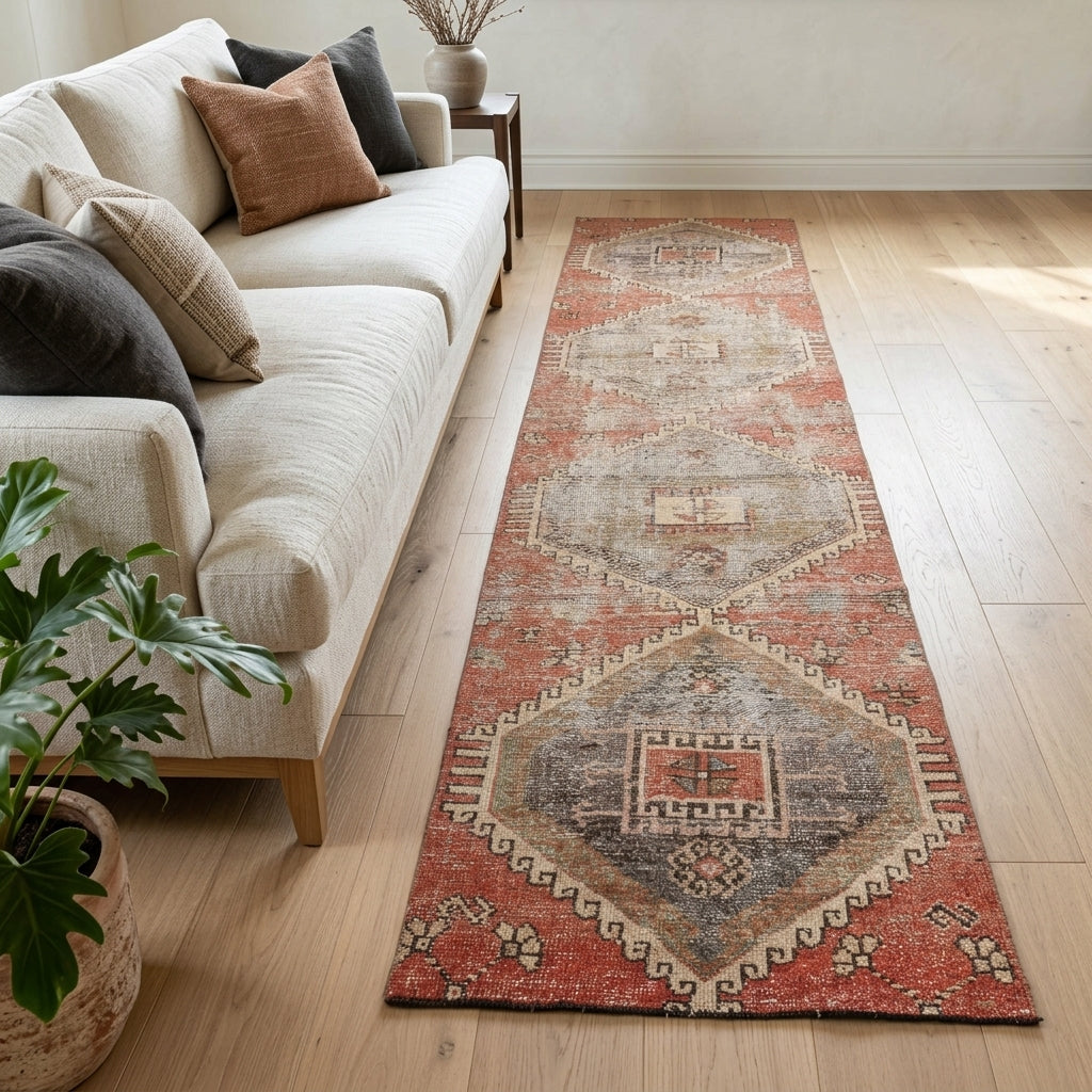 Tribal pattern on the Vecdbahce distressed vintage runner rug – handmade in Anatolia, Turkey