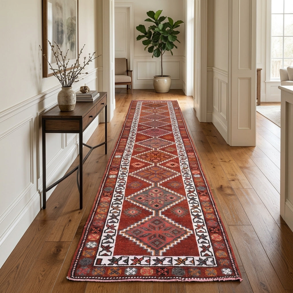 Tribal pattern on the Asterogena vintage runner rug – handmade in Anatolia, Turkey