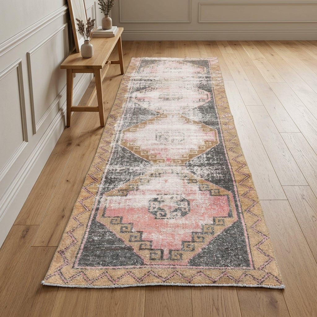 Geometric pattern on the Calliope distressed vintage runner rug – handmade in Anatolia, Turkey