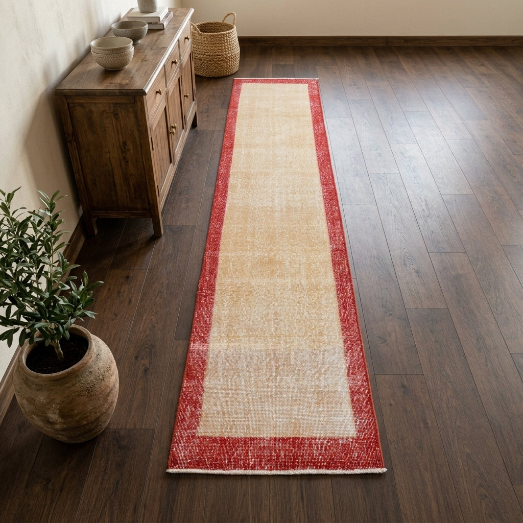 Bordered pattern on the Denizcihan vintage runner rug – handmade in Anatolia, Turkey