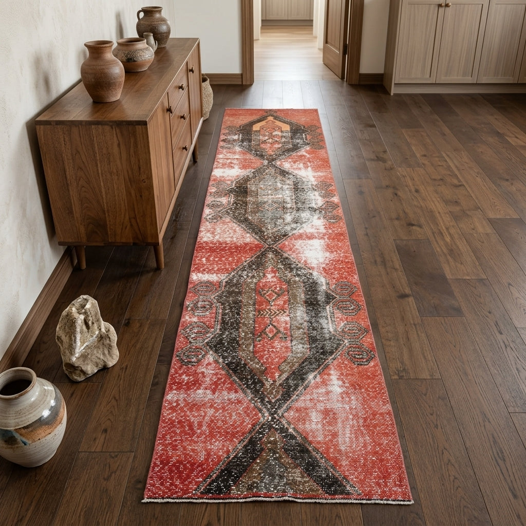Geometric pattern on the Gokgonca vintage runner rug – handmade in Anatolia, Turkey