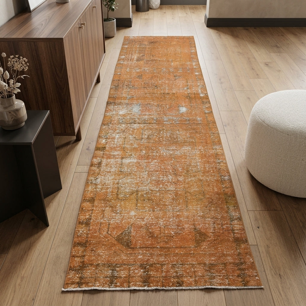 Tribal pattern on the Sevdaefsan overdyed vintage runner rug – handmade in Anatolia, Turkey