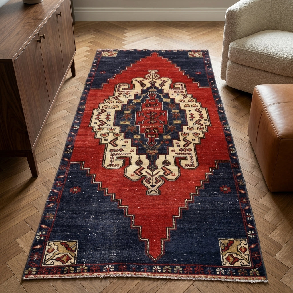 Oriental pattern on the Nehirperver vintage area rug – handmade in Anatolia, Turkey