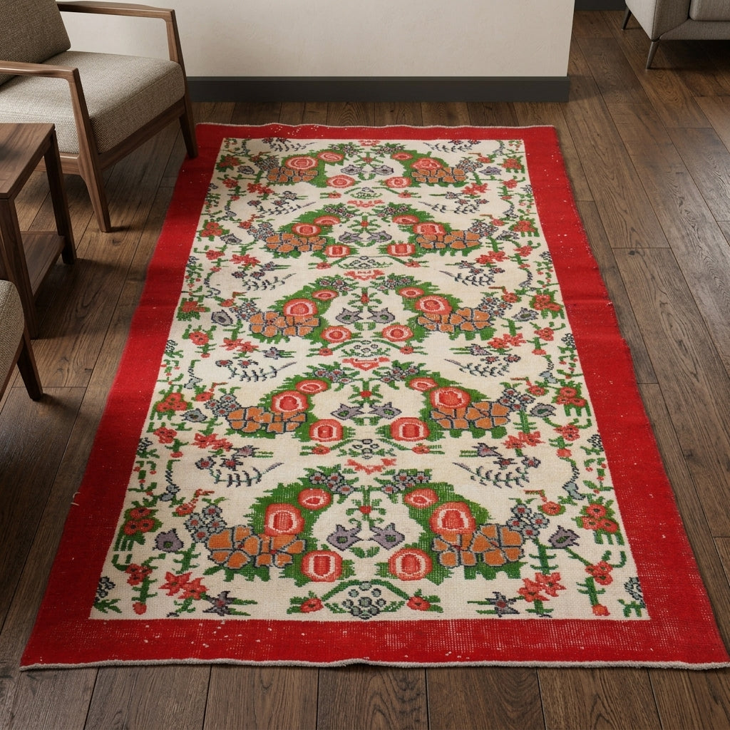 Floral and bordered pattern on the Iriphaessa vintage area rug – handmade in Anatolia, Turkey