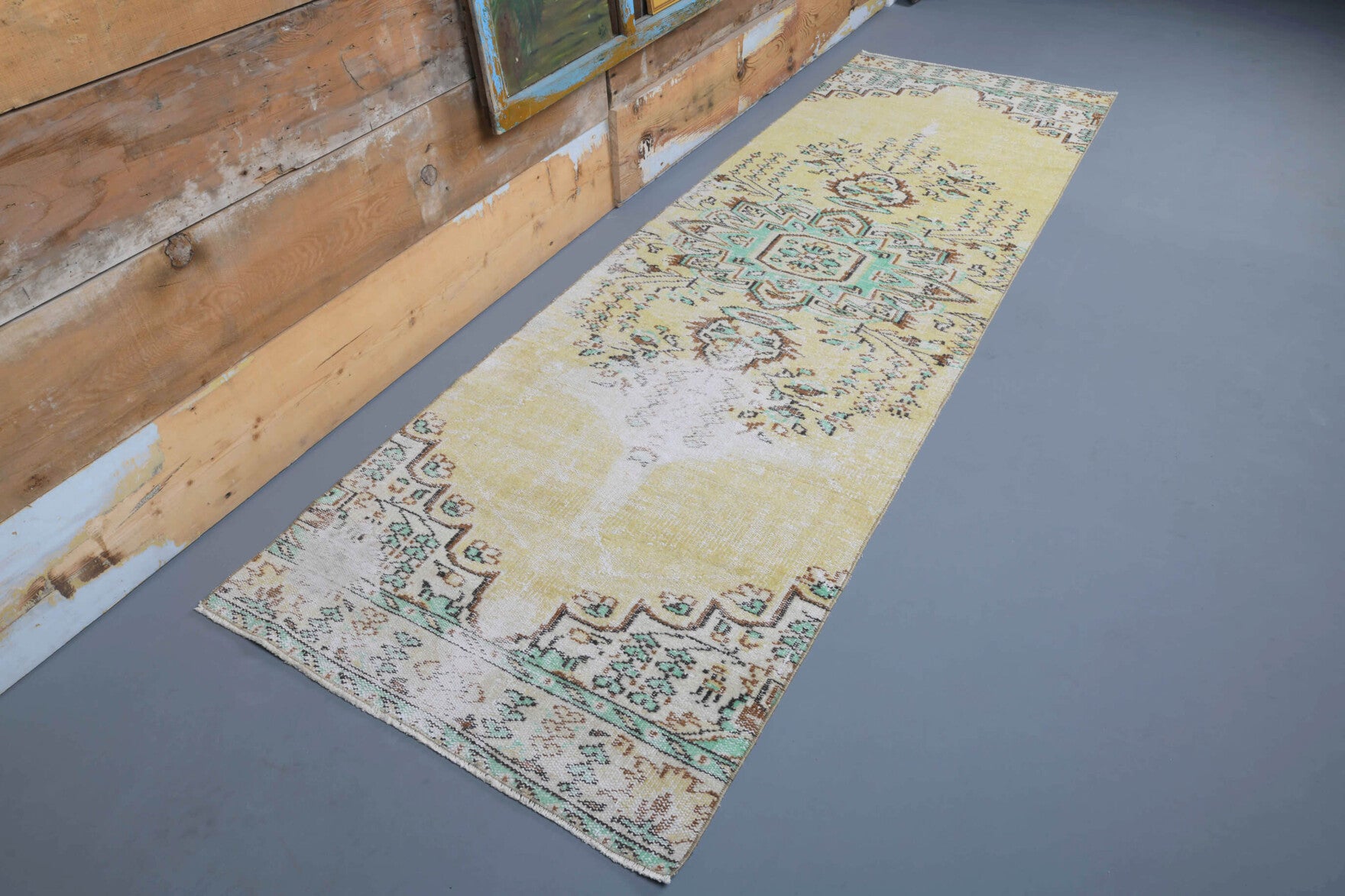 Vintage Yellow Oushak Runner Rug