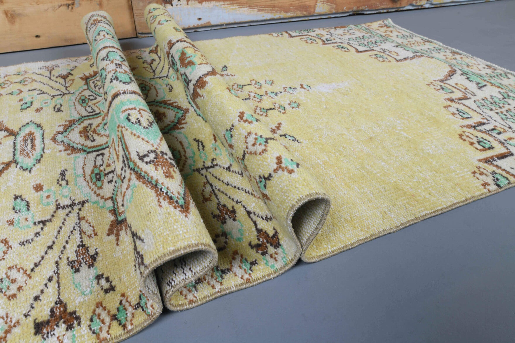 Vintage Yellow Oushak Runner Rug