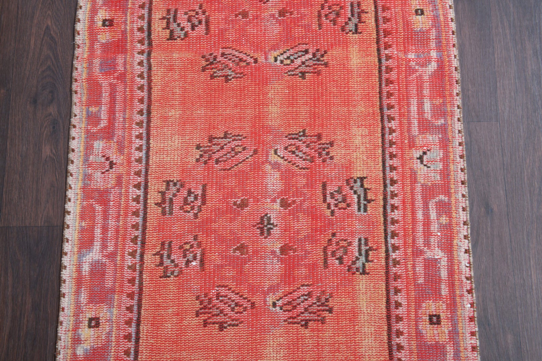 Galenosela runner: 1970s handmade Anatolian runner with tribal motifs and cotton backing
