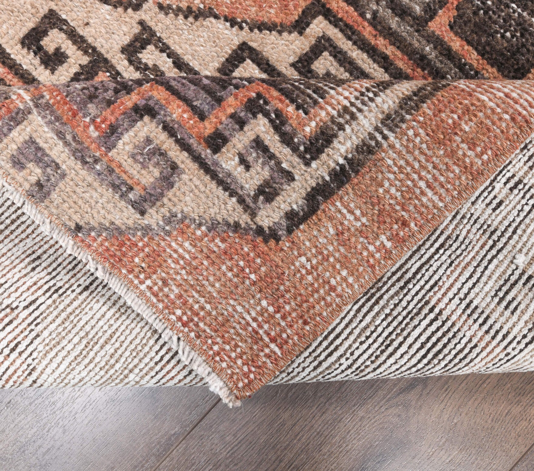 Kydosela runner: 1970s handmade Anatolian runner with geometric motifs and cotton backing