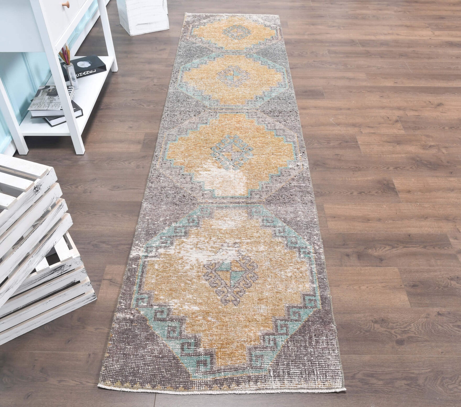 Authentic Anatolian distressed vintage runner rug (1960s) with geometric design – one-of-a-kind at Fame Rugs