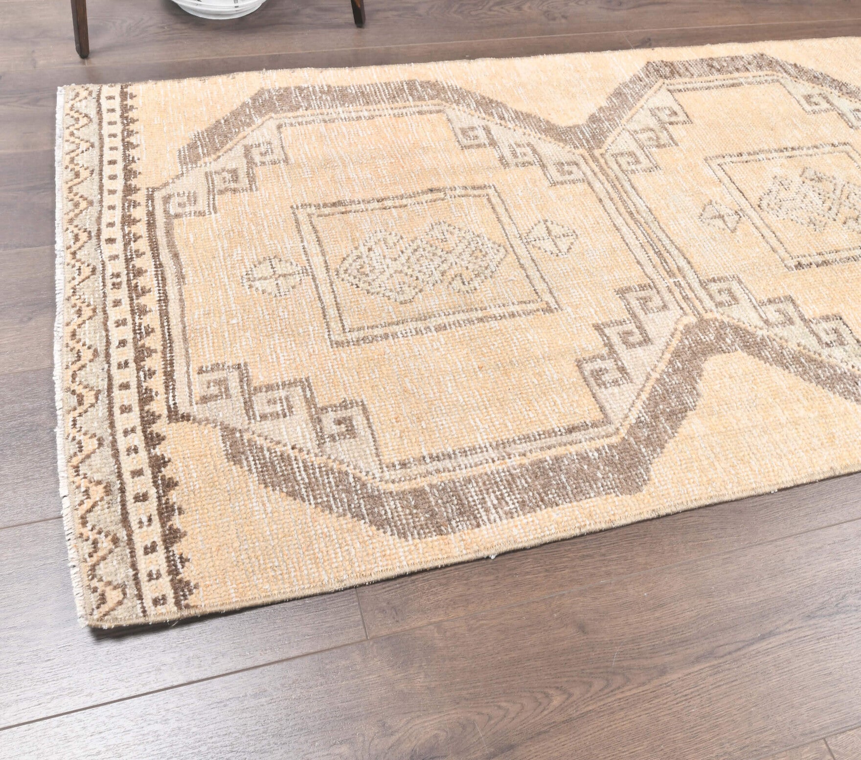 Litoxena runner: 1970s handmade Anatolian runner with geometric motifs and cotton backing