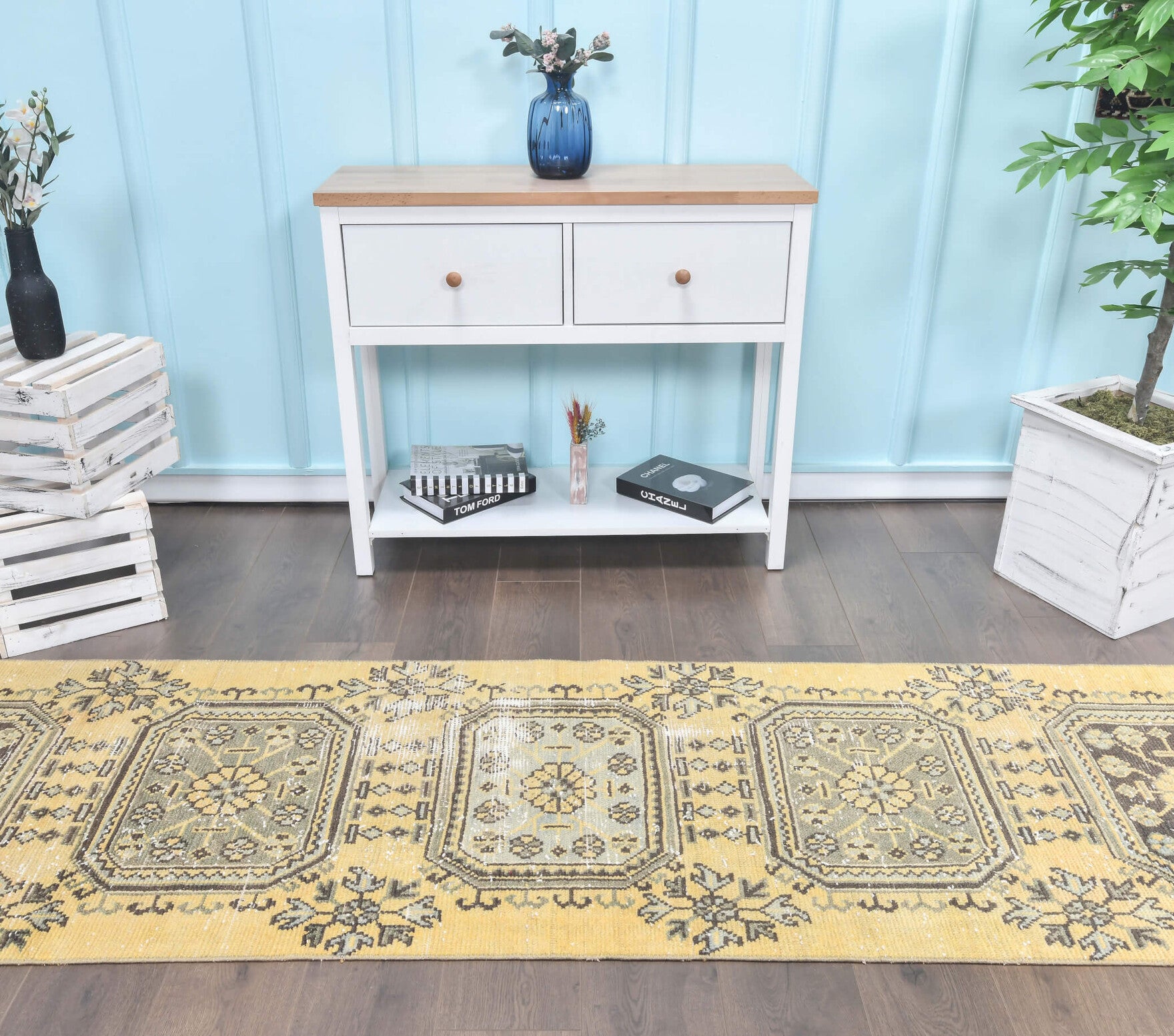 Vintage Oushak Runner Yellow Rug