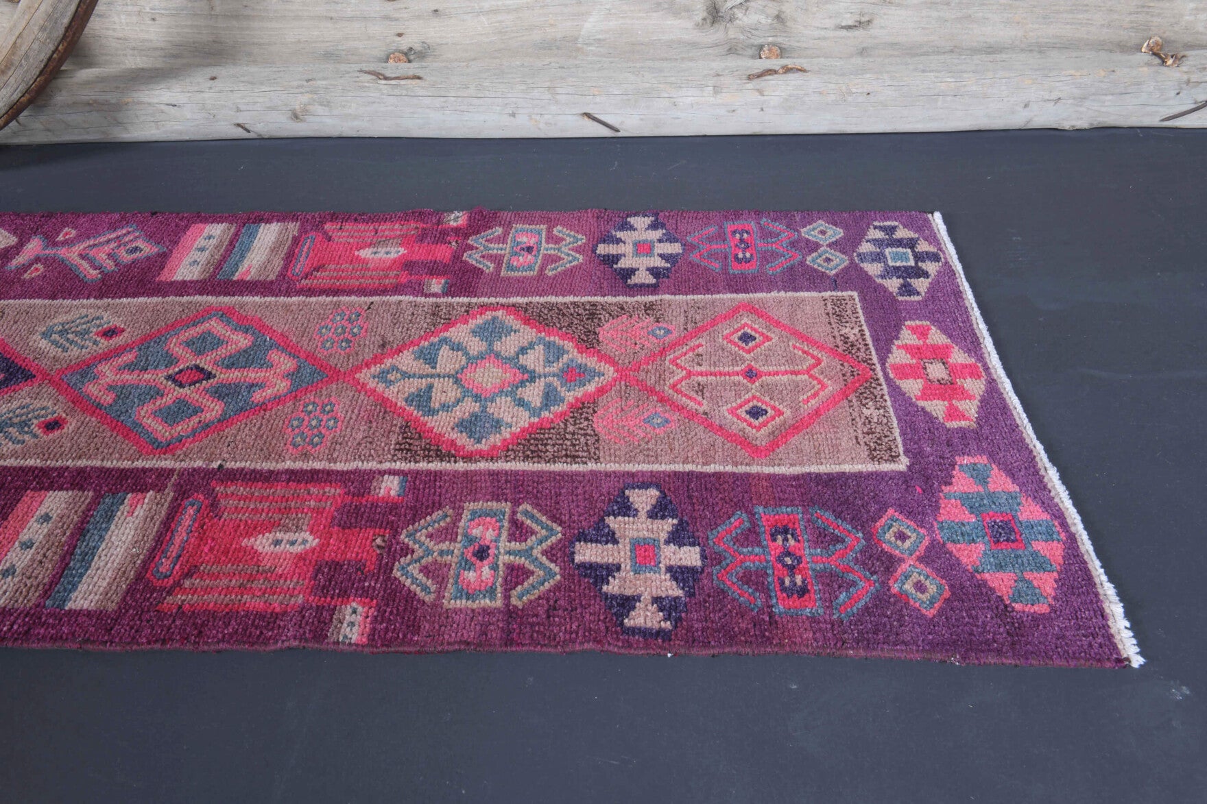 Stenopetra runner: 1970s handmade Anatolian runner with oriental motifs and cotton backing