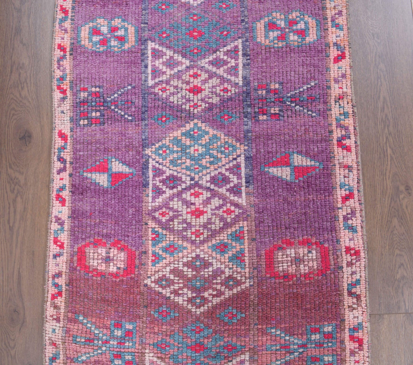 Sabahsad runner: 1970s handwoven flatweave Anatolian runner with oriental motifs and cotton backing