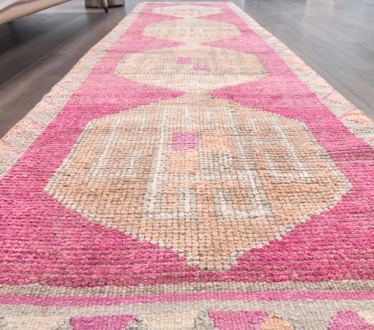 Melihenur runner: 1970s handmade Anatolian runner with geometric motifs and cotton backing